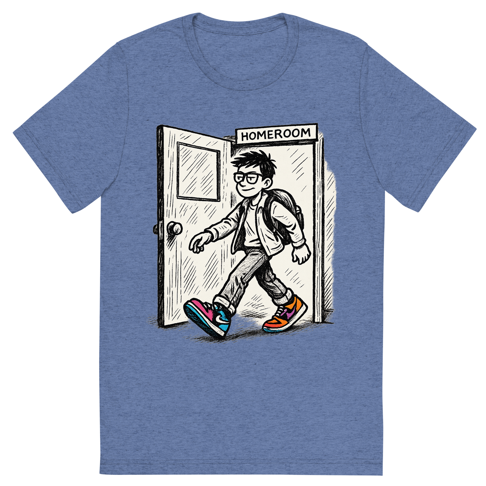 Front view of a Premium Tri-Blend Crew Neck T-Shirt in Blue showing 'A hand-drawn ink with pop color, cool graphic of a parody ink design featuring a student walking out of a homeroom door with swagger, with bold text “straight outta homeroom” in hip-hop block style. centered composition, transparent background, pop color in the kicks. dtg optimized.'