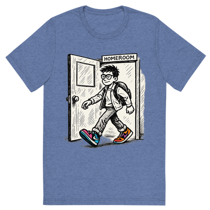 Front view of a Premium Tri-Blend Crew Neck T-Shirt in Blue showing 'A hand-drawn ink with pop color, cool graphic of a parody ink design featuring a student walking out of a homeroom door with swagger, with bold text “straight outta homeroom” in hip-hop block style. centered composition, transparent background, pop color in the kicks. dtg optimized.'