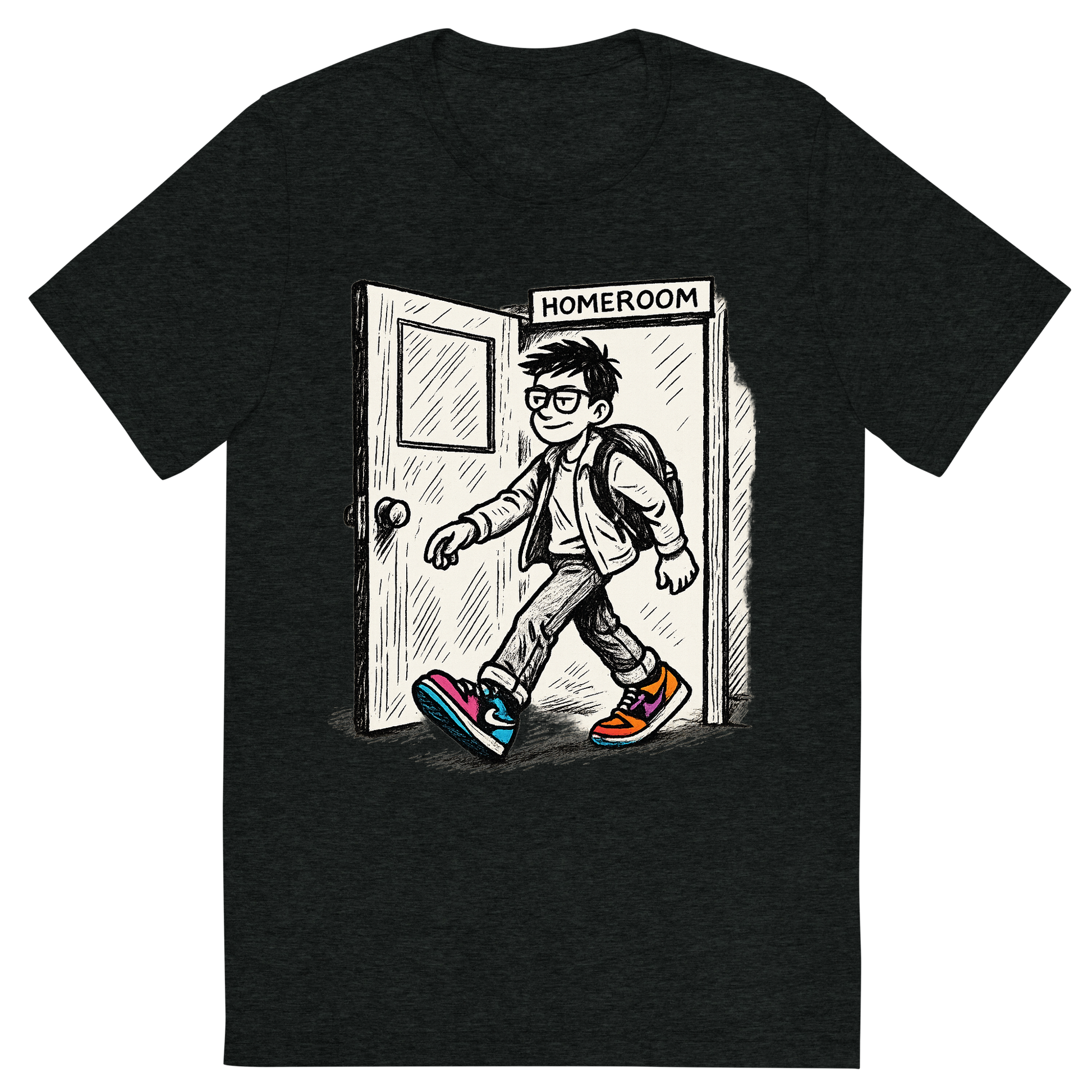 Front view of a Premium Tri-Blend Crew Neck T-Shirt in Charcoal-Black showing 'A hand-drawn ink with pop color, cool graphic of a parody ink design featuring a student walking out of a homeroom door with swagger, with bold text “straight outta homeroom” in hip-hop block style. centered composition, transparent background, pop color in the kicks. dtg optimized.'