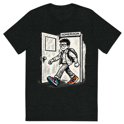 Front view of a Premium Tri-Blend Crew Neck T-Shirt in Charcoal-Black showing 'A hand-drawn ink with pop color, cool graphic of a parody ink design featuring a student walking out of a homeroom door with swagger, with bold text “straight outta homeroom” in hip-hop block style. centered composition, transparent background, pop color in the kicks. dtg optimized.'