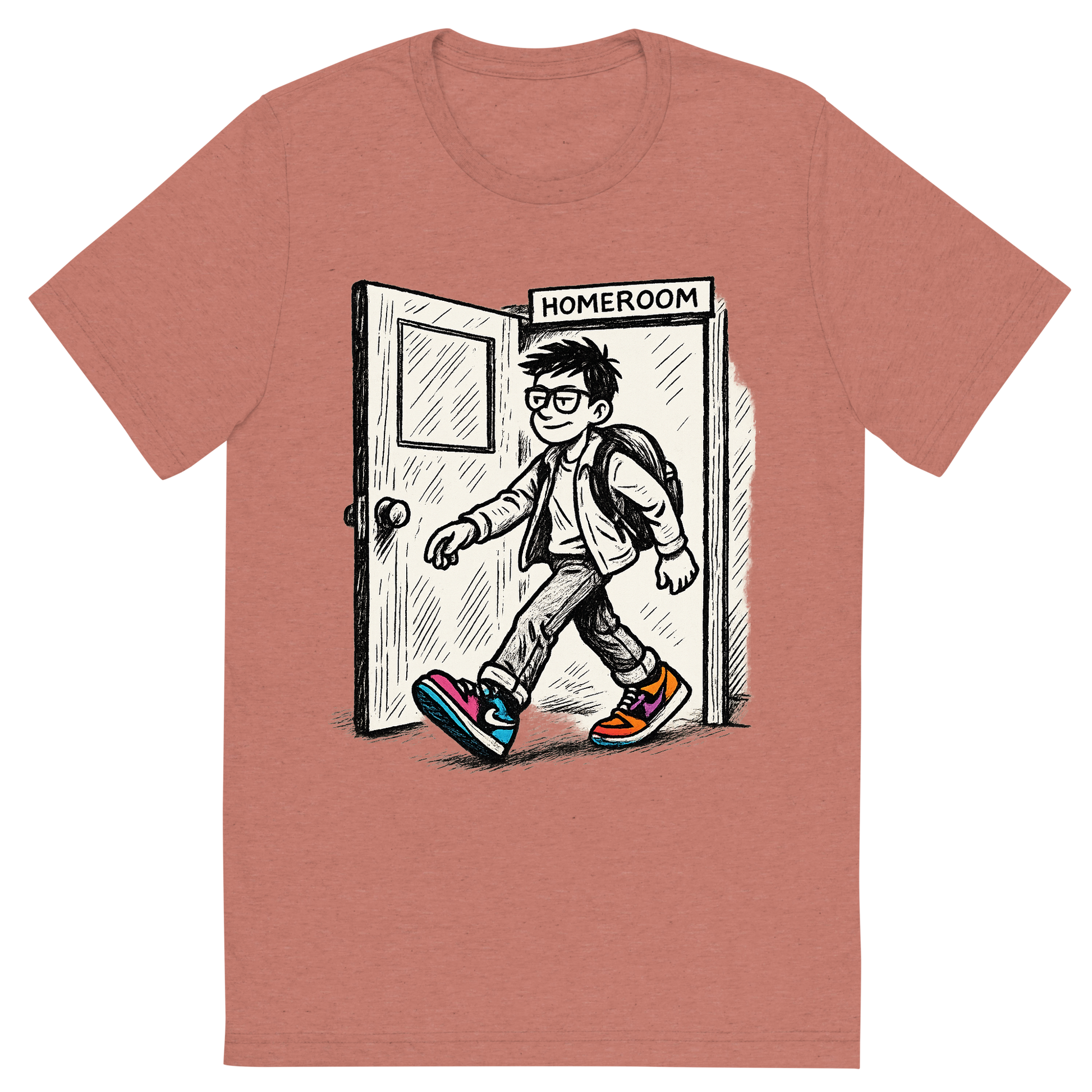 Front view of a Premium Tri-Blend Crew Neck T-Shirt in Mauve showing 'A hand-drawn ink with pop color, cool graphic of a parody ink design featuring a student walking out of a homeroom door with swagger, with bold text “straight outta homeroom” in hip-hop block style. centered composition, transparent background, pop color in the kicks. dtg optimized.'