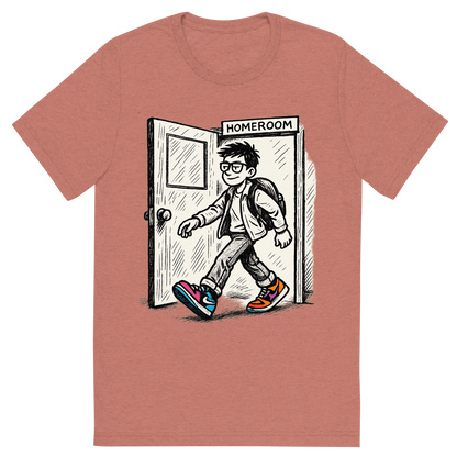 Front view of a Premium Tri-Blend Crew Neck T-Shirt in Mauve showing 'A hand-drawn ink with pop color, cool graphic of a parody ink design featuring a student walking out of a homeroom door with swagger, with bold text “straight outta homeroom” in hip-hop block style. centered composition, transparent background, pop color in the kicks. dtg optimized.'