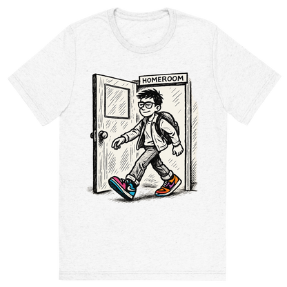 Front view of a Premium Tri-Blend Crew Neck T-Shirt in Solid White showing 'A hand-drawn ink with pop color, cool graphic of a parody ink design featuring a student walking out of a homeroom door with swagger, with bold text “straight outta homeroom” in hip-hop block style. centered composition, transparent background, pop color in the kicks. dtg optimized.'