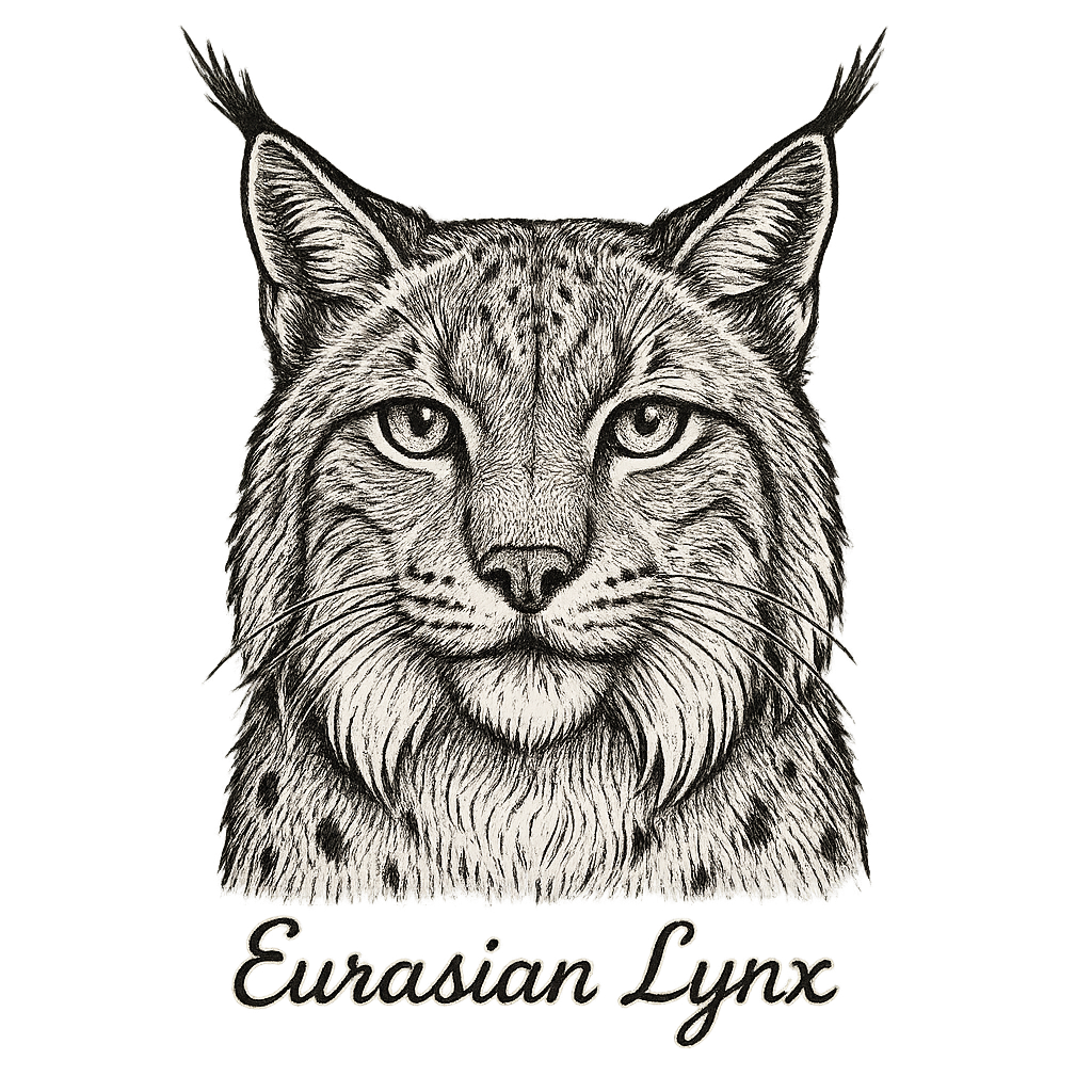 A flat, neutral graphic of a detailed sketch of a eurasian lynx with bushy cheeks and tufted ears. “eurasian lynx” is inscribed below in elegant handwriting. detailed ink illustration on a white background. - a t-shirt design