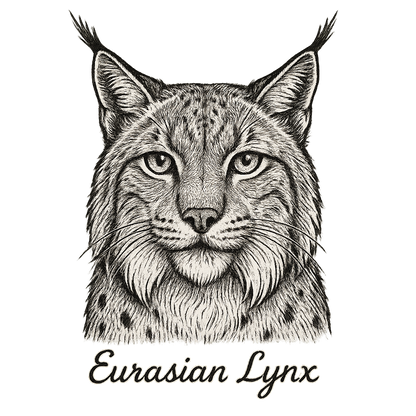 A flat, neutral graphic of a detailed sketch of a eurasian lynx with bushy cheeks and tufted ears. “eurasian lynx” is inscribed below in elegant handwriting. detailed ink illustration on a white background. - a t-shirt design