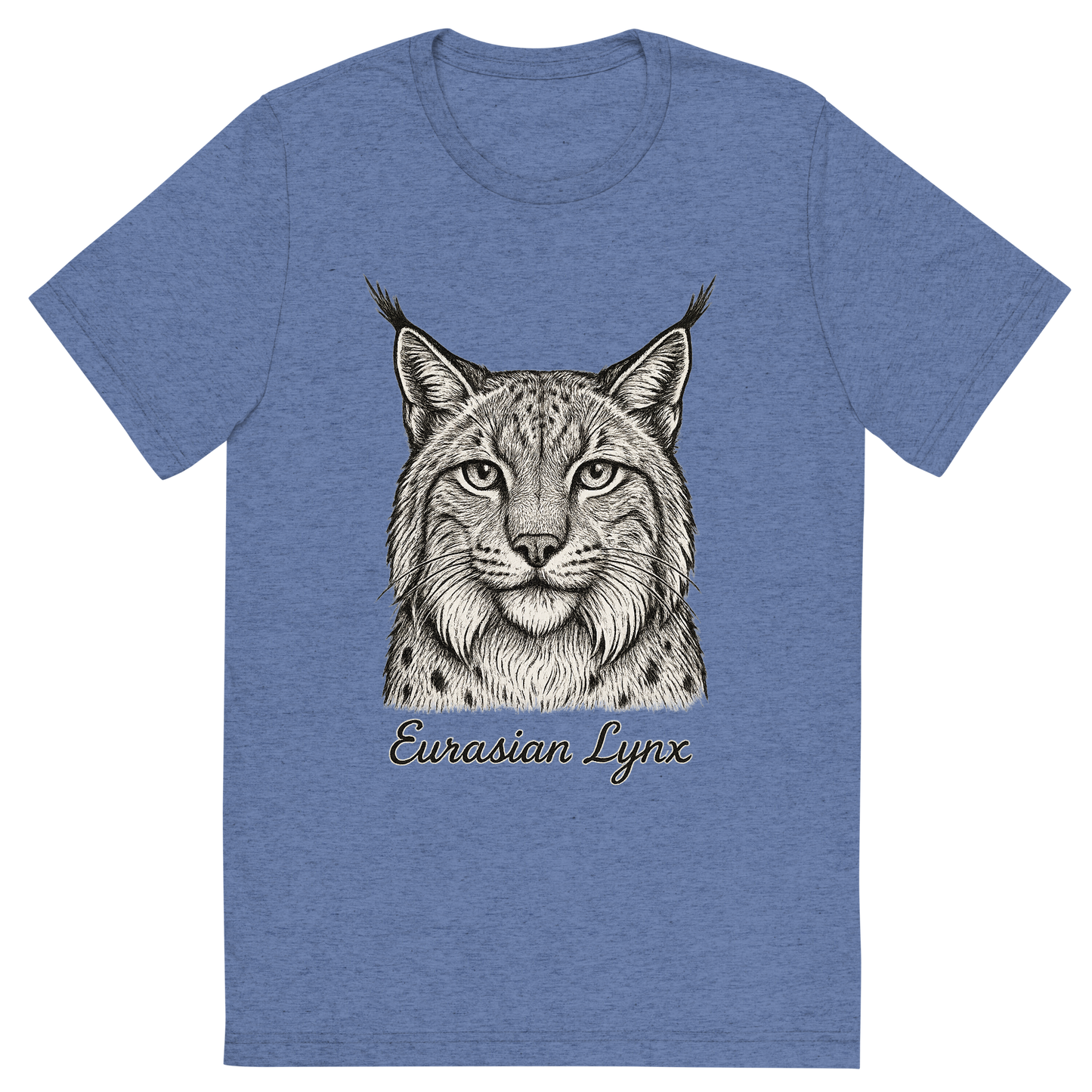 Front view of a Premium Tri-Blend Crew Neck T-Shirt in Blue showing 'A flat, neutral graphic of a detailed sketch of a eurasian lynx with bushy cheeks and tufted ears. “eurasian lynx” is inscribed below in elegant handwriting. detailed ink illustration on a white background.'