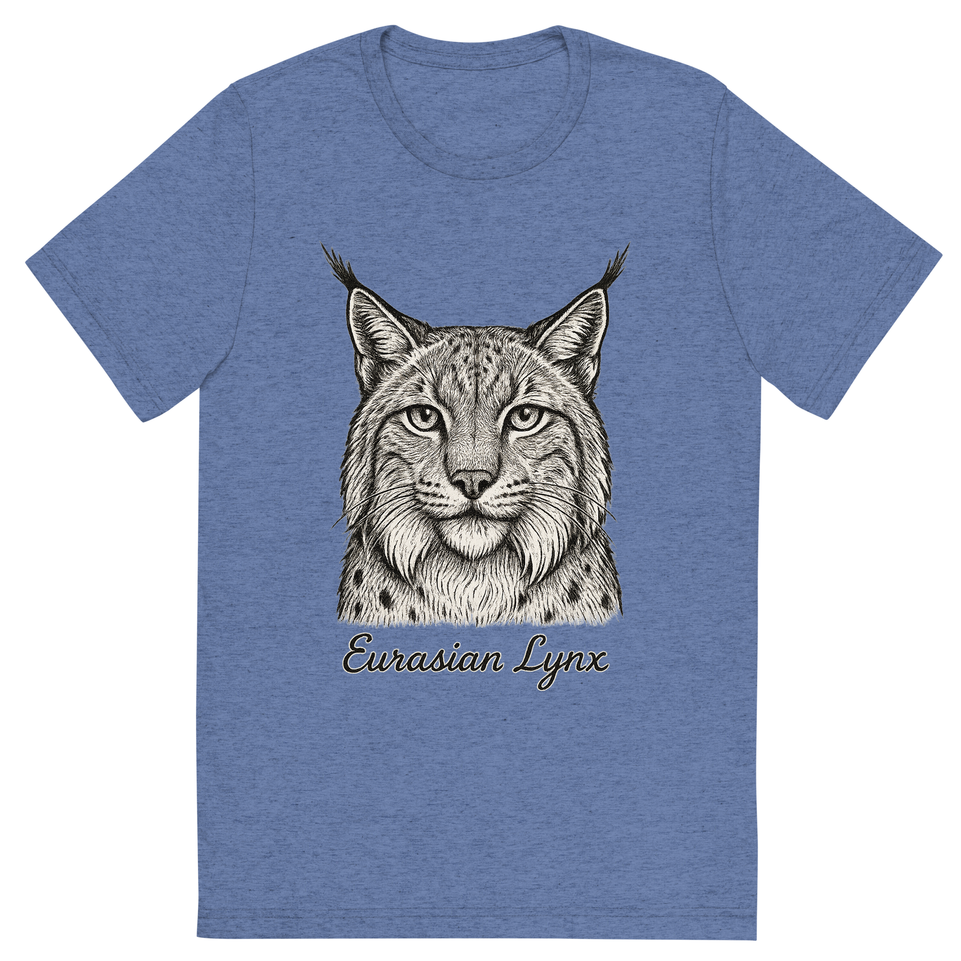 Front view of a Premium Tri-Blend Crew Neck T-Shirt in Blue showing 'A flat, neutral graphic of a detailed sketch of a eurasian lynx with bushy cheeks and tufted ears. “eurasian lynx” is inscribed below in elegant handwriting. detailed ink illustration on a white background.'