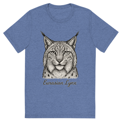 Front view of a Premium Tri-Blend Crew Neck T-Shirt in Blue showing 'A flat, neutral graphic of a detailed sketch of a eurasian lynx with bushy cheeks and tufted ears. “eurasian lynx” is inscribed below in elegant handwriting. detailed ink illustration on a white background.'