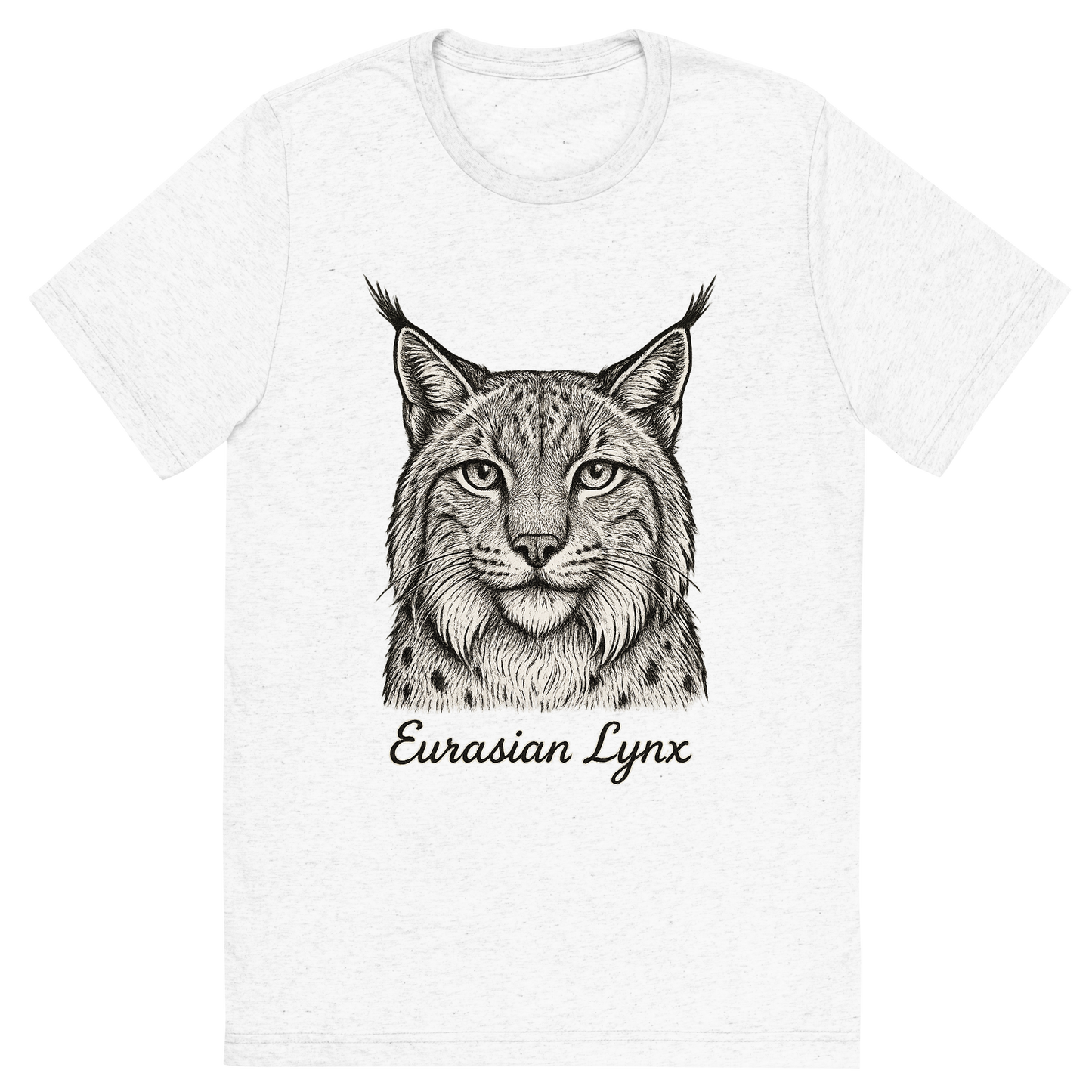 Front view of a Premium Tri-Blend Crew Neck T-Shirt in Solid White showing 'A flat, neutral graphic of a detailed sketch of a eurasian lynx with bushy cheeks and tufted ears. “eurasian lynx” is inscribed below in elegant handwriting. detailed ink illustration on a white background.'