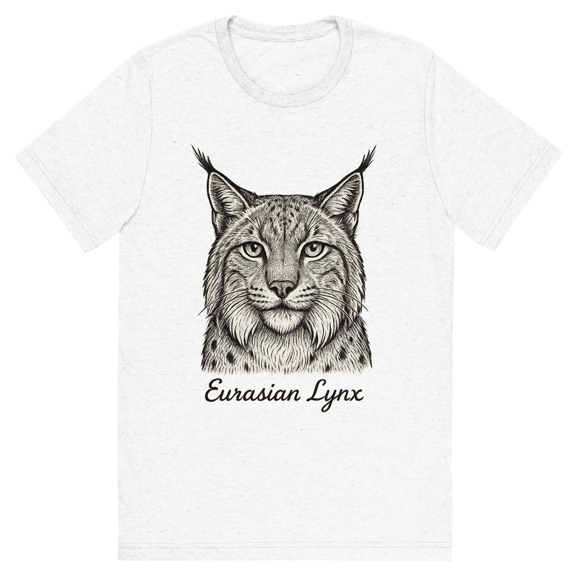 Front view of a Premium Tri-Blend Crew Neck T-Shirt in Solid White showing 'A flat, neutral graphic of a detailed sketch of a eurasian lynx with bushy cheeks and tufted ears. “eurasian lynx” is inscribed below in elegant handwriting. detailed ink illustration on a white background.'