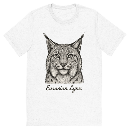 Front view of a Premium Tri-Blend Crew Neck T-Shirt in Solid White showing 'A flat, neutral graphic of a detailed sketch of a eurasian lynx with bushy cheeks and tufted ears. “eurasian lynx” is inscribed below in elegant handwriting. detailed ink illustration on a white background.'
