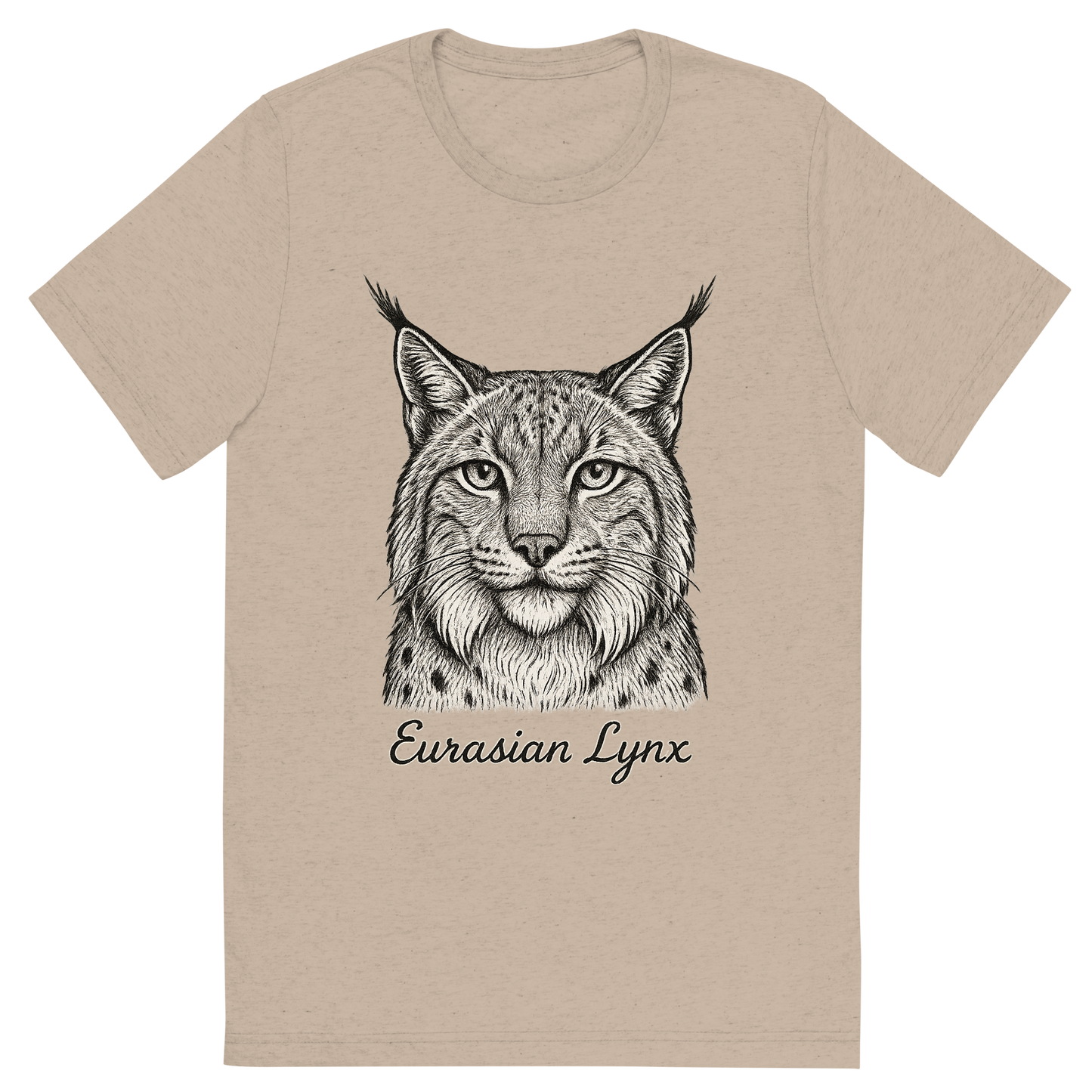 Front view of a Premium Tri-Blend Crew Neck T-Shirt in Tan showing 'A flat, neutral graphic of a detailed sketch of a eurasian lynx with bushy cheeks and tufted ears. “eurasian lynx” is inscribed below in elegant handwriting. detailed ink illustration on a white background.'