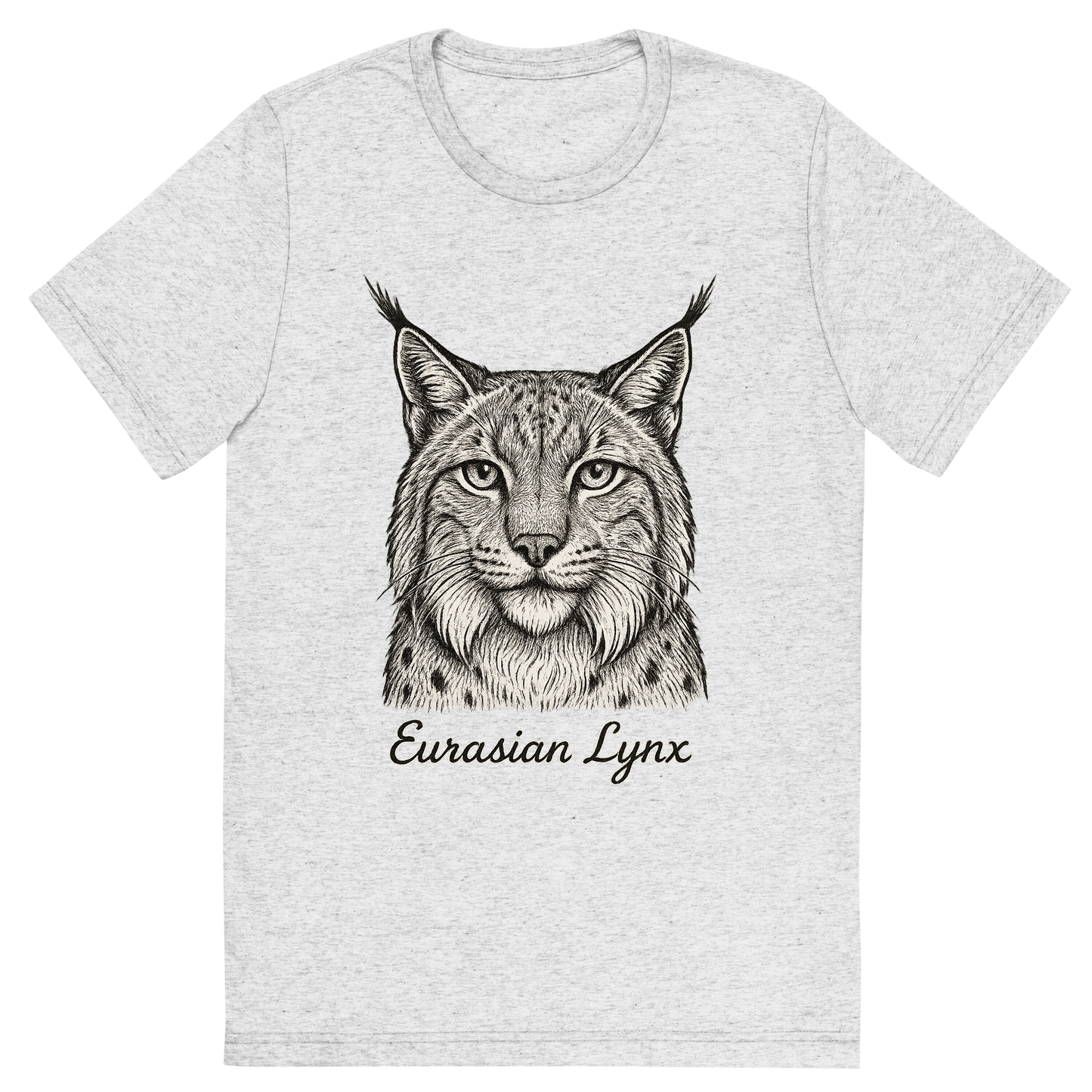 Front view of a Premium Tri-Blend Crew Neck T-Shirt in White Fleck showing 'A flat, neutral graphic of a detailed sketch of a eurasian lynx with bushy cheeks and tufted ears. “eurasian lynx” is inscribed below in elegant handwriting. detailed ink illustration on a white background.'