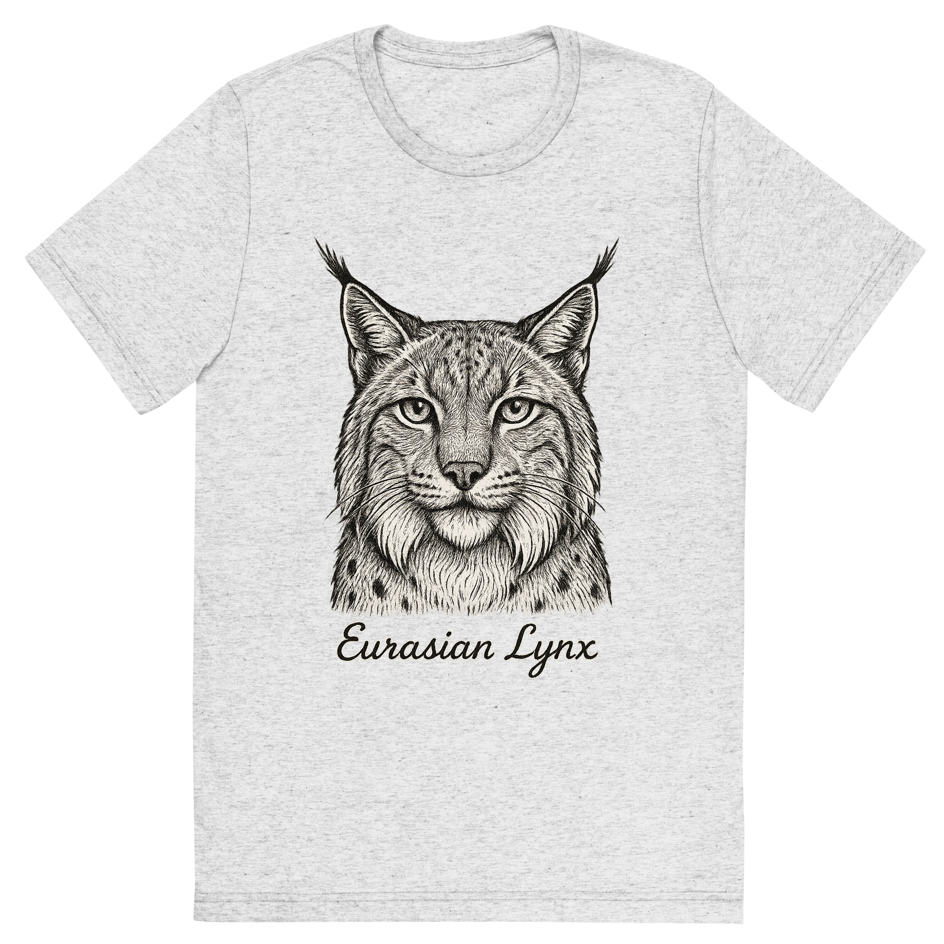 Front view of a Premium Tri-Blend Crew Neck T-Shirt in White Fleck showing 'A flat, neutral graphic of a detailed sketch of a eurasian lynx with bushy cheeks and tufted ears. “eurasian lynx” is inscribed below in elegant handwriting. detailed ink illustration on a white background.'