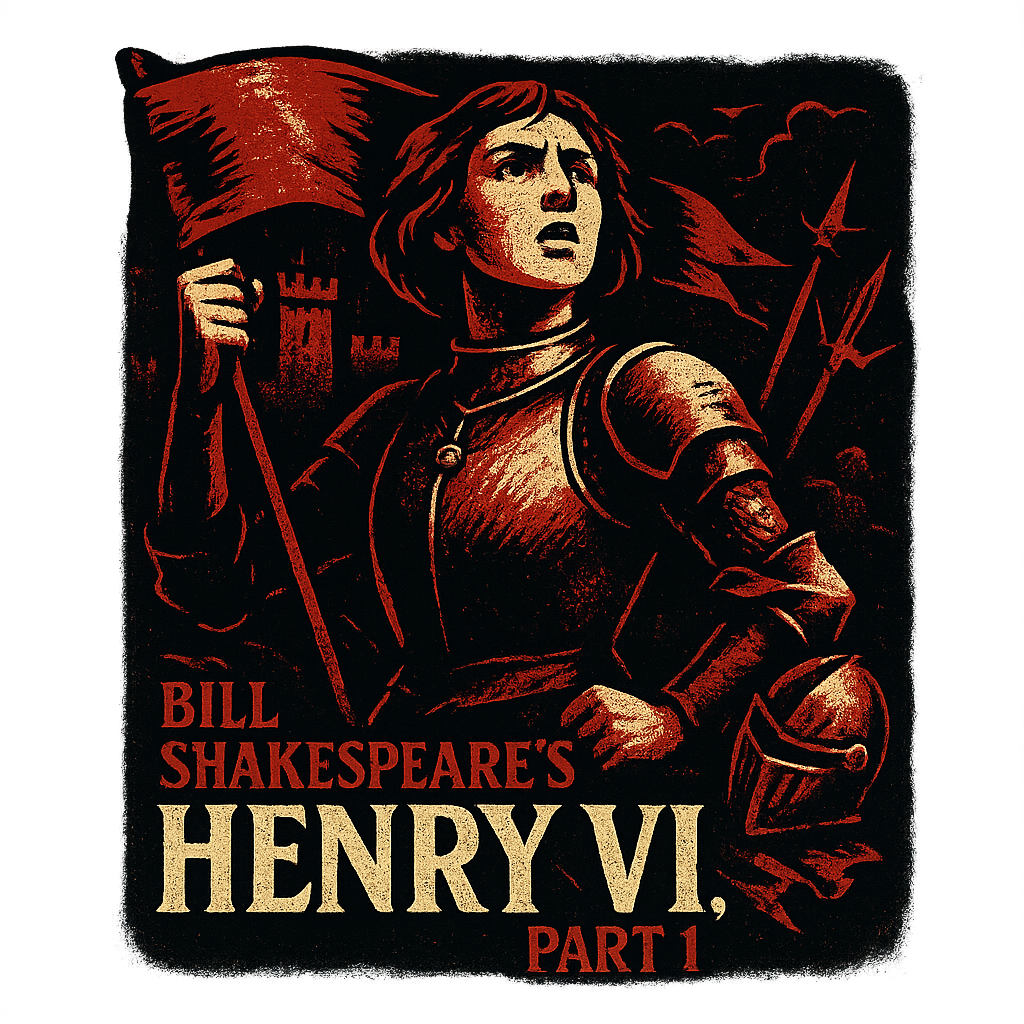 A retro, edgy graphic of a visual representation of a key theme and character from william shakespeare's henry vi, part 1 – a t-shirt design