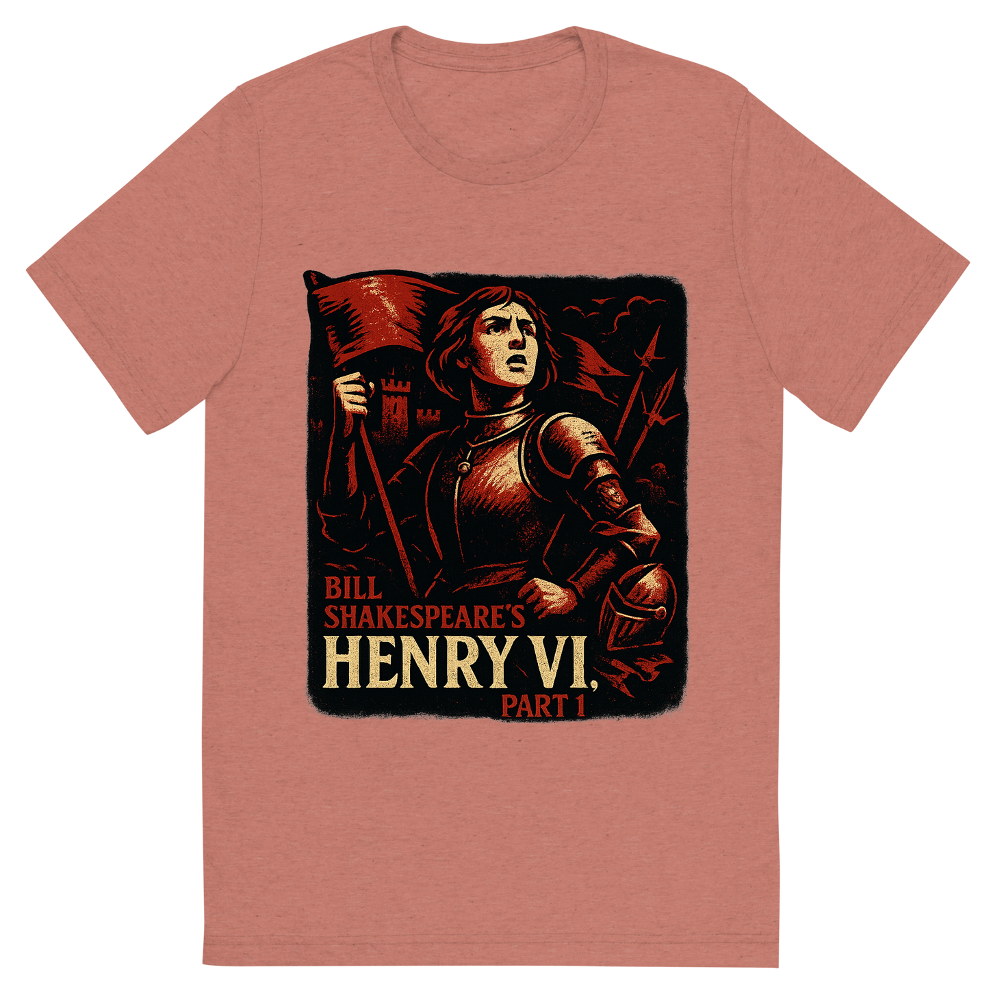 Front view of a Premium Tri-Blend Crew Neck T-Shirt in Mauve showing 'A retro, edgy graphic of a visual representation of a key theme and character from william shakespeare's henry vi, part 1'