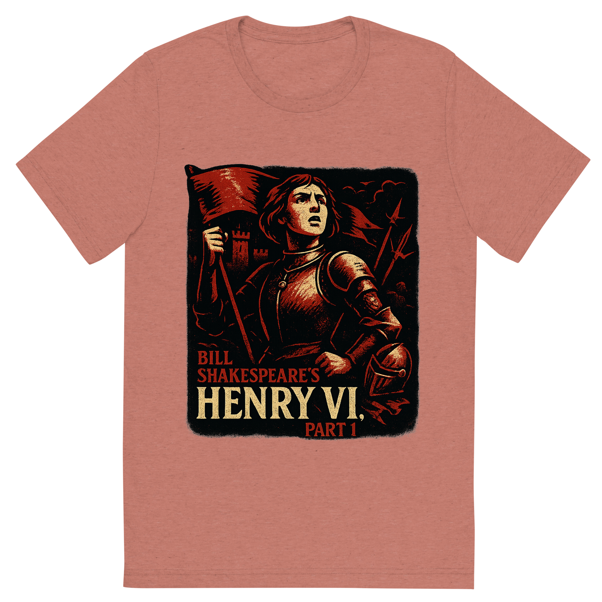 Front view of a Premium Tri-Blend Crew Neck T-Shirt in Mauve showing 'A retro, edgy graphic of a visual representation of a key theme and character from william shakespeare's henry vi, part 1'