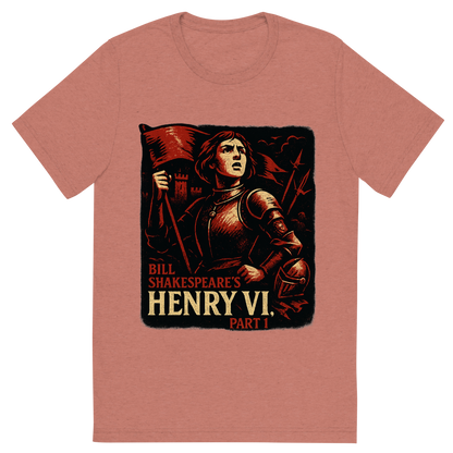 Front view of a Premium Tri-Blend Crew Neck T-Shirt in Mauve showing 'A retro, edgy graphic of a visual representation of a key theme and character from william shakespeare's henry vi, part 1'