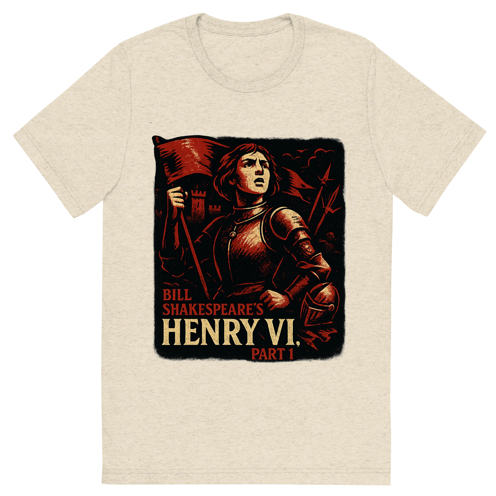 Front view of a Premium Tri-Blend Crew Neck T-Shirt in Oatmeal showing 'A retro, edgy graphic of a visual representation of a key theme and character from william shakespeare's henry vi, part 1'