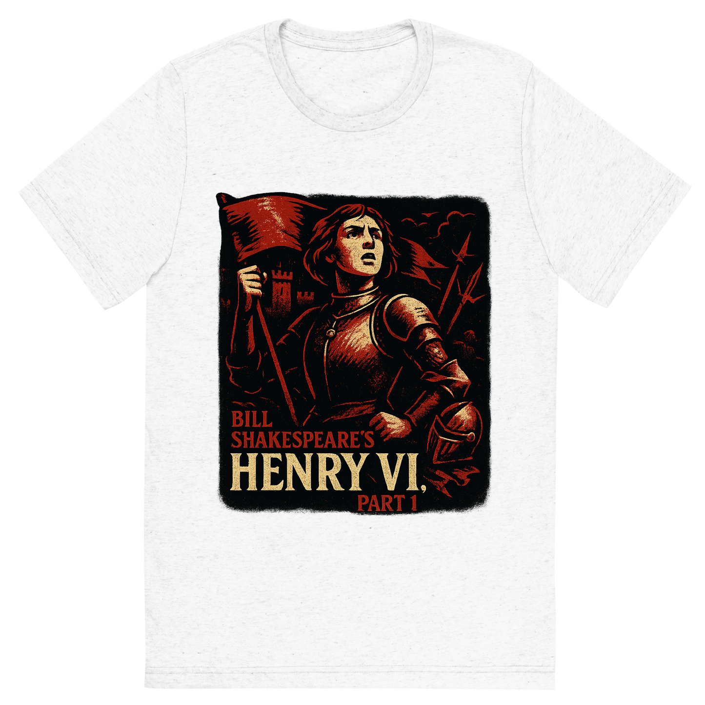 Front view of a Premium Tri-Blend Crew Neck T-Shirt in Solid White showing 'A retro, edgy graphic of a visual representation of a key theme and character from william shakespeare's henry vi, part 1'