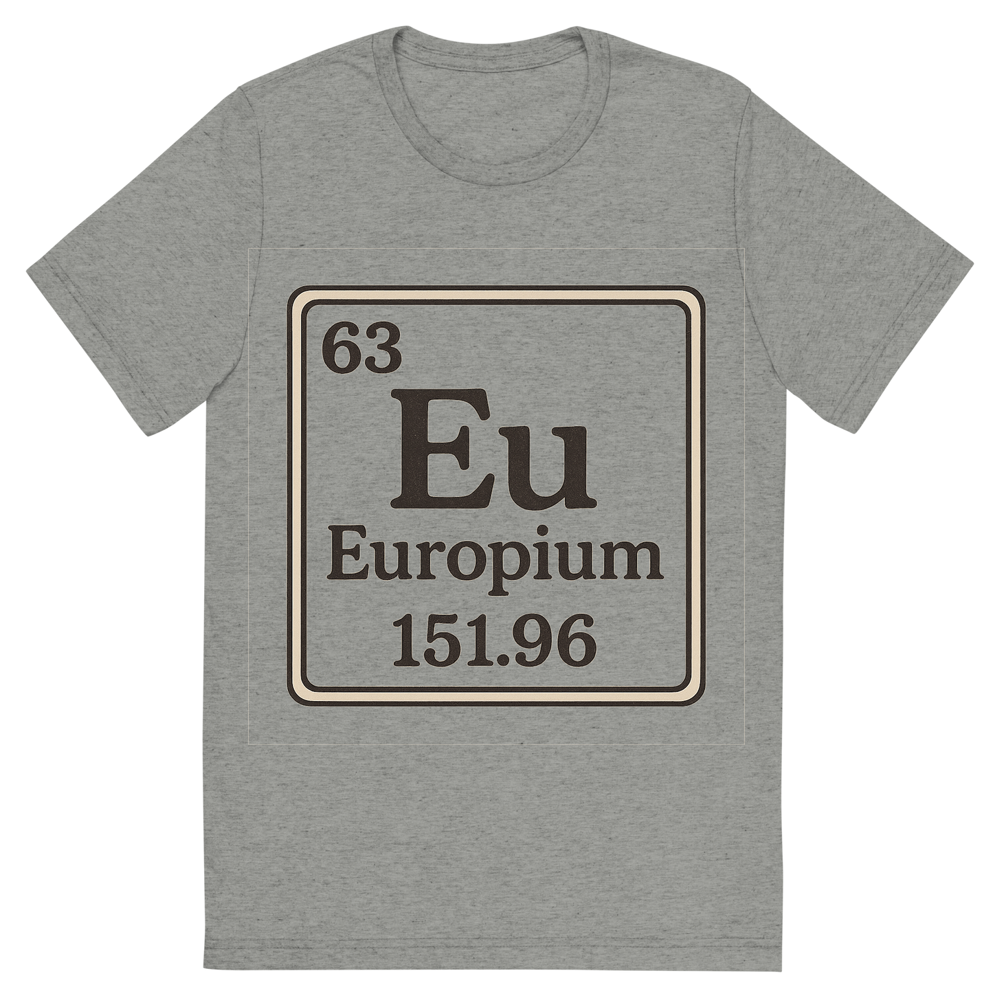 Front view of a Premium Tri-Blend Crew Neck T-Shirt in Athletic Grey showing 'A line art, nostalgic graphic of europium's entry on the periodic table, use a dark color for the lines and text'