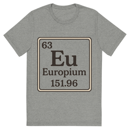 Front view of a Premium Tri-Blend Crew Neck T-Shirt in Athletic Grey showing 'A line art, nostalgic graphic of europium's entry on the periodic table, use a dark color for the lines and text'
