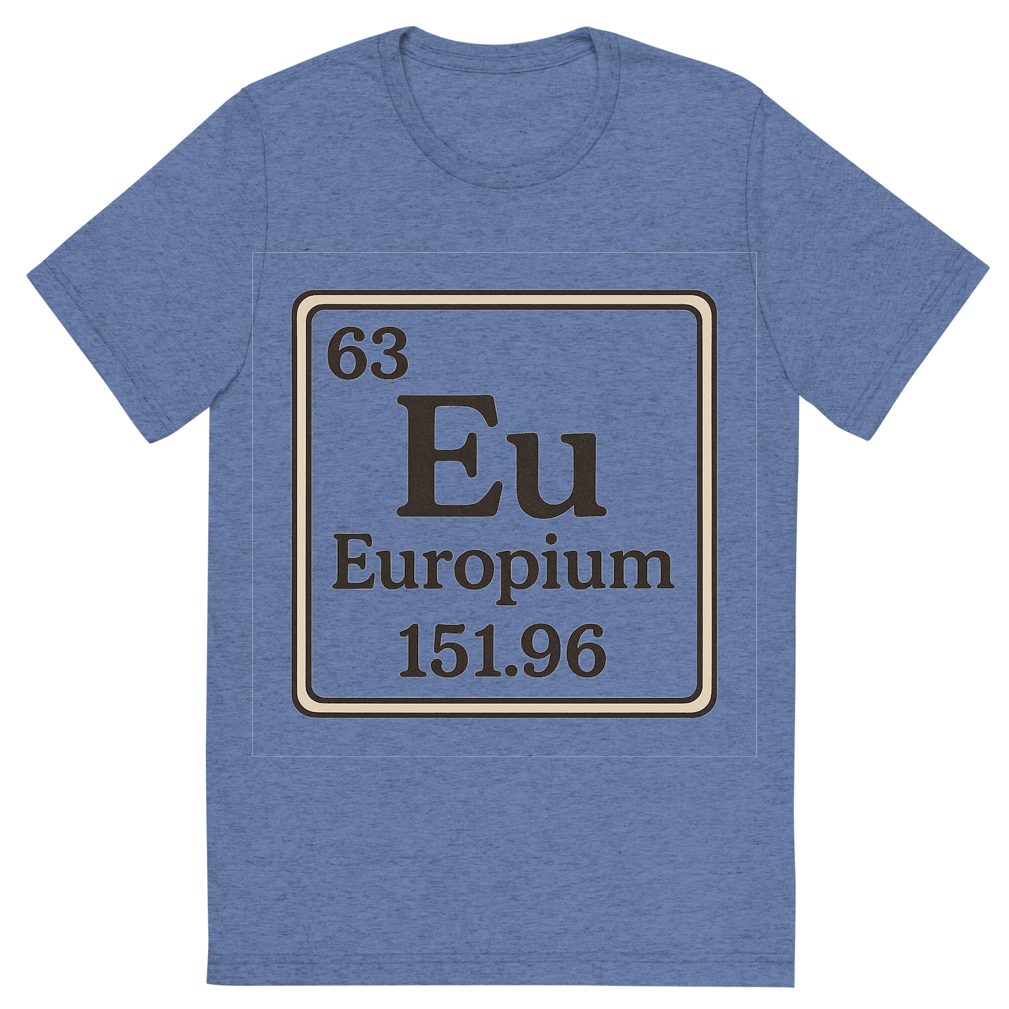 Front view of a Premium Tri-Blend Crew Neck T-Shirt in Blue showing 'A line art, nostalgic graphic of europium's entry on the periodic table, use a dark color for the lines and text'