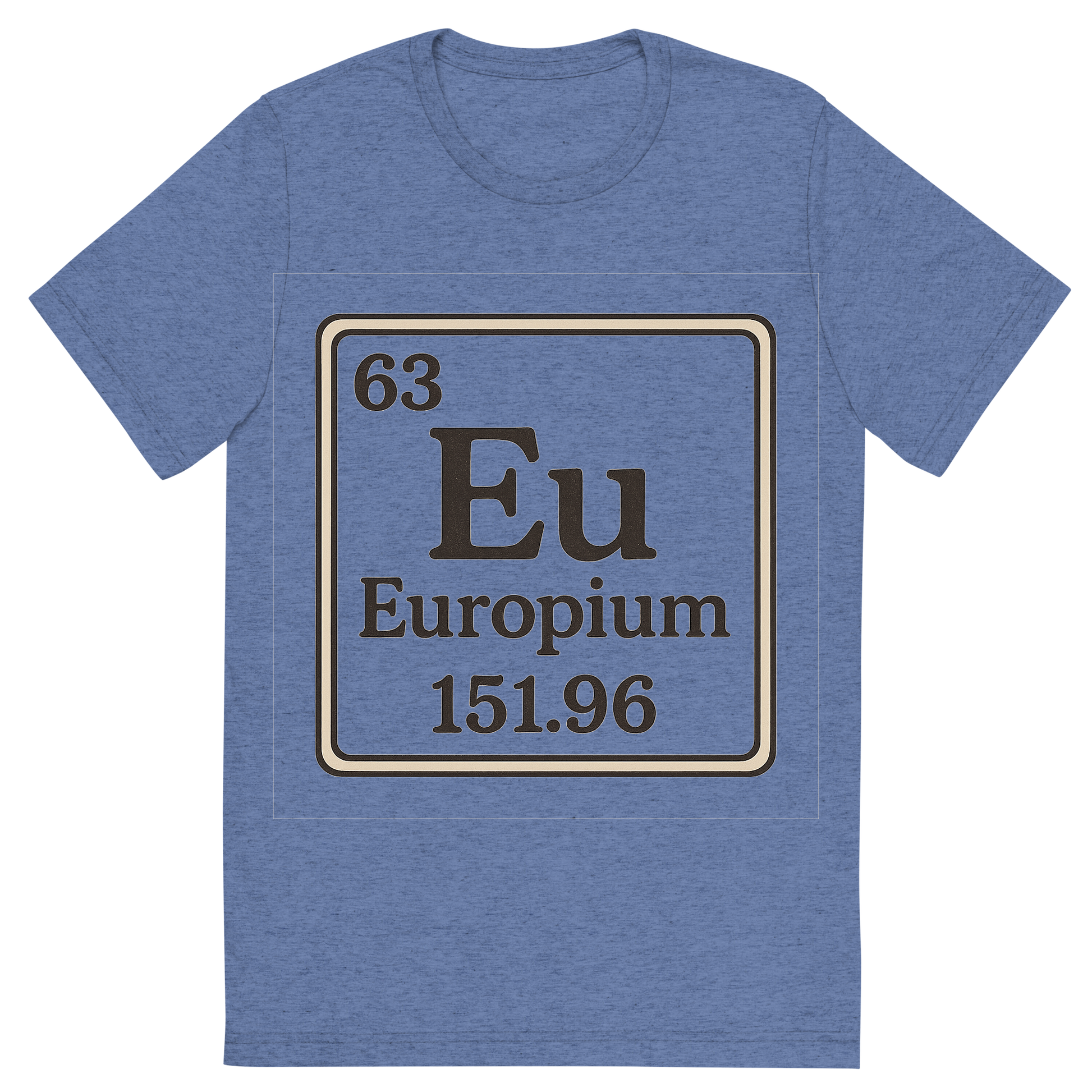 Front view of a Premium Tri-Blend Crew Neck T-Shirt in Blue showing 'A line art, nostalgic graphic of europium's entry on the periodic table, use a dark color for the lines and text'