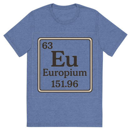 Front view of a Premium Tri-Blend Crew Neck T-Shirt in Blue showing 'A line art, nostalgic graphic of europium's entry on the periodic table, use a dark color for the lines and text'