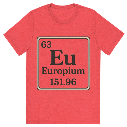 Front view of a Premium Tri-Blend Crew Neck T-Shirt in Red showing 'A line art, nostalgic graphic of europium's entry on the periodic table, use a dark color for the lines and text'