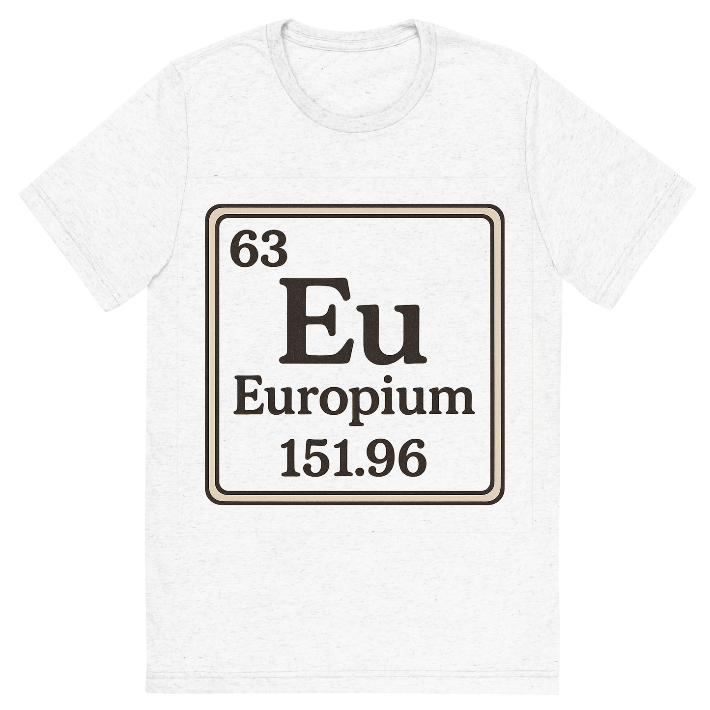 Front view of a Premium Tri-Blend Crew Neck T-Shirt in Solid White showing 'A line art, nostalgic graphic of europium's entry on the periodic table, use a dark color for the lines and text'