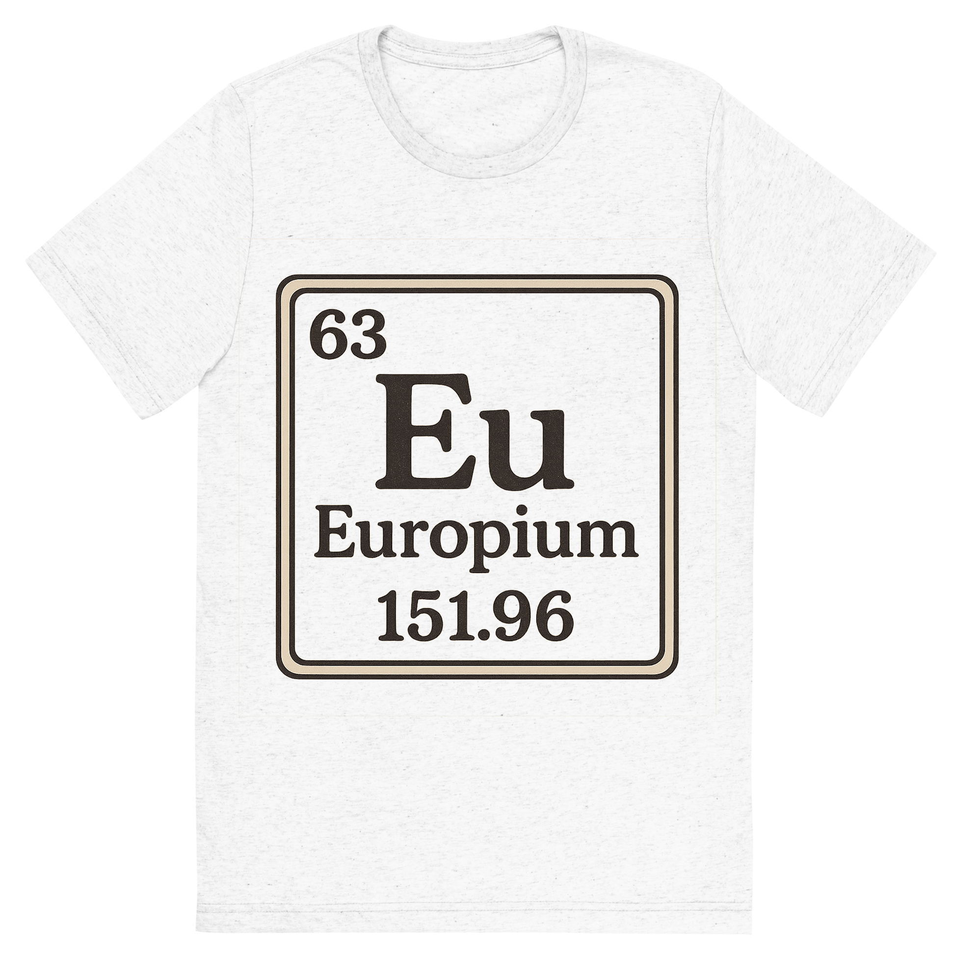 Front view of a Premium Tri-Blend Crew Neck T-Shirt in Solid White showing 'A line art, nostalgic graphic of europium's entry on the periodic table, use a dark color for the lines and text'