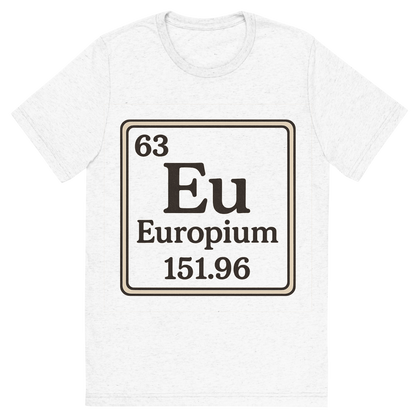 Front view of a Premium Tri-Blend Crew Neck T-Shirt in Solid White showing 'A line art, nostalgic graphic of europium's entry on the periodic table, use a dark color for the lines and text'