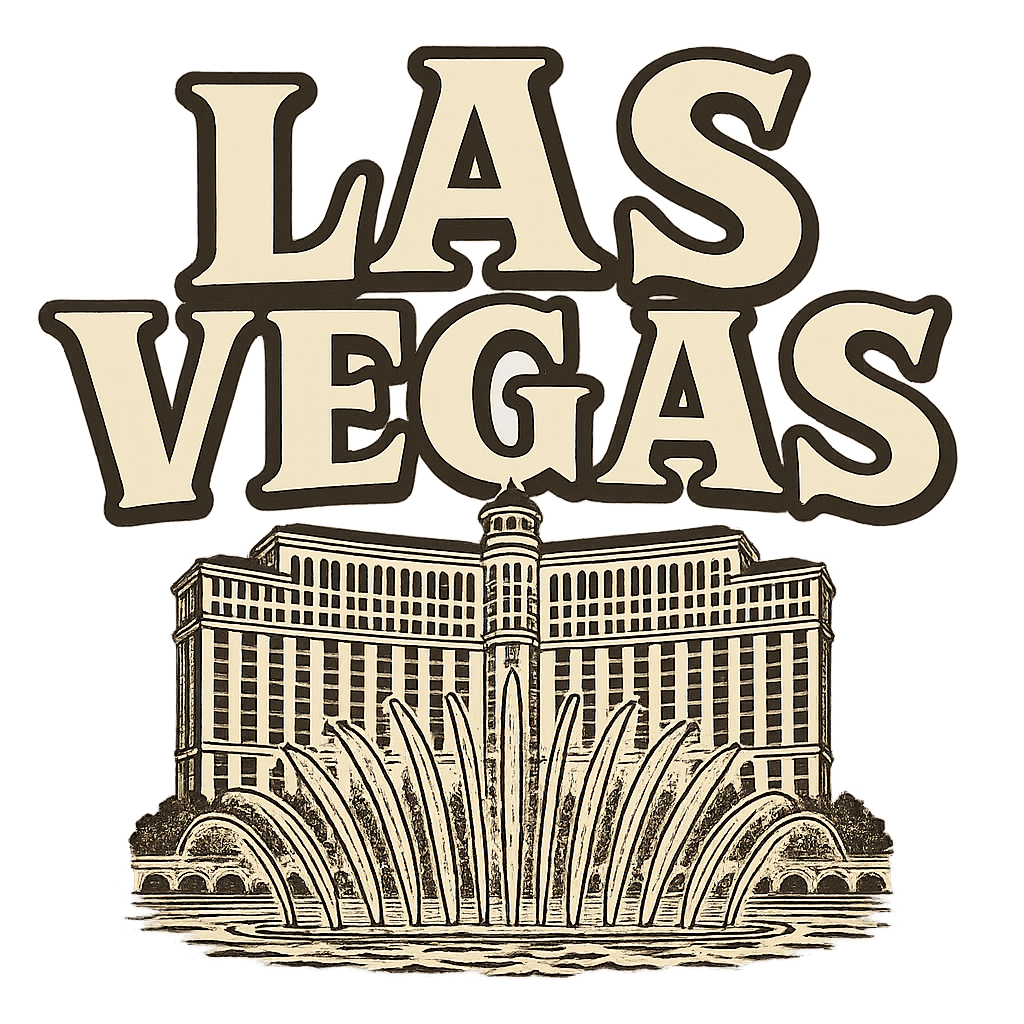A typographic, nostalgic graphic of a typographic illustration of the words 'las vegas' with a vintage line art drawing of the bellagio fountains – a t-shirt design