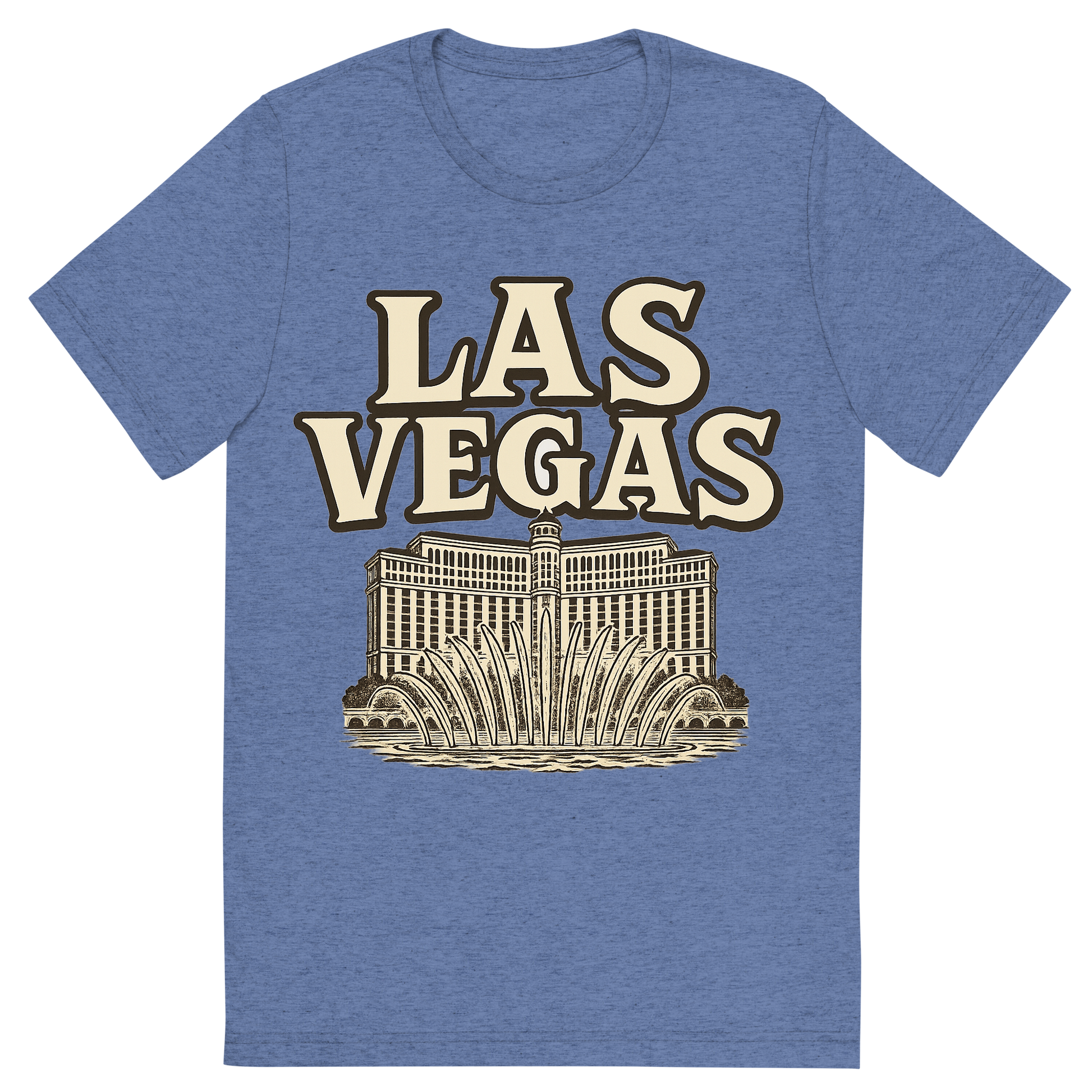 Front view of a Premium Tri-Blend Crew Neck T-Shirt in Blue showing 'A typographic, nostalgic graphic of a typographic illustration of the words 'las vegas' with a vintage line art drawing of the bellagio fountains'