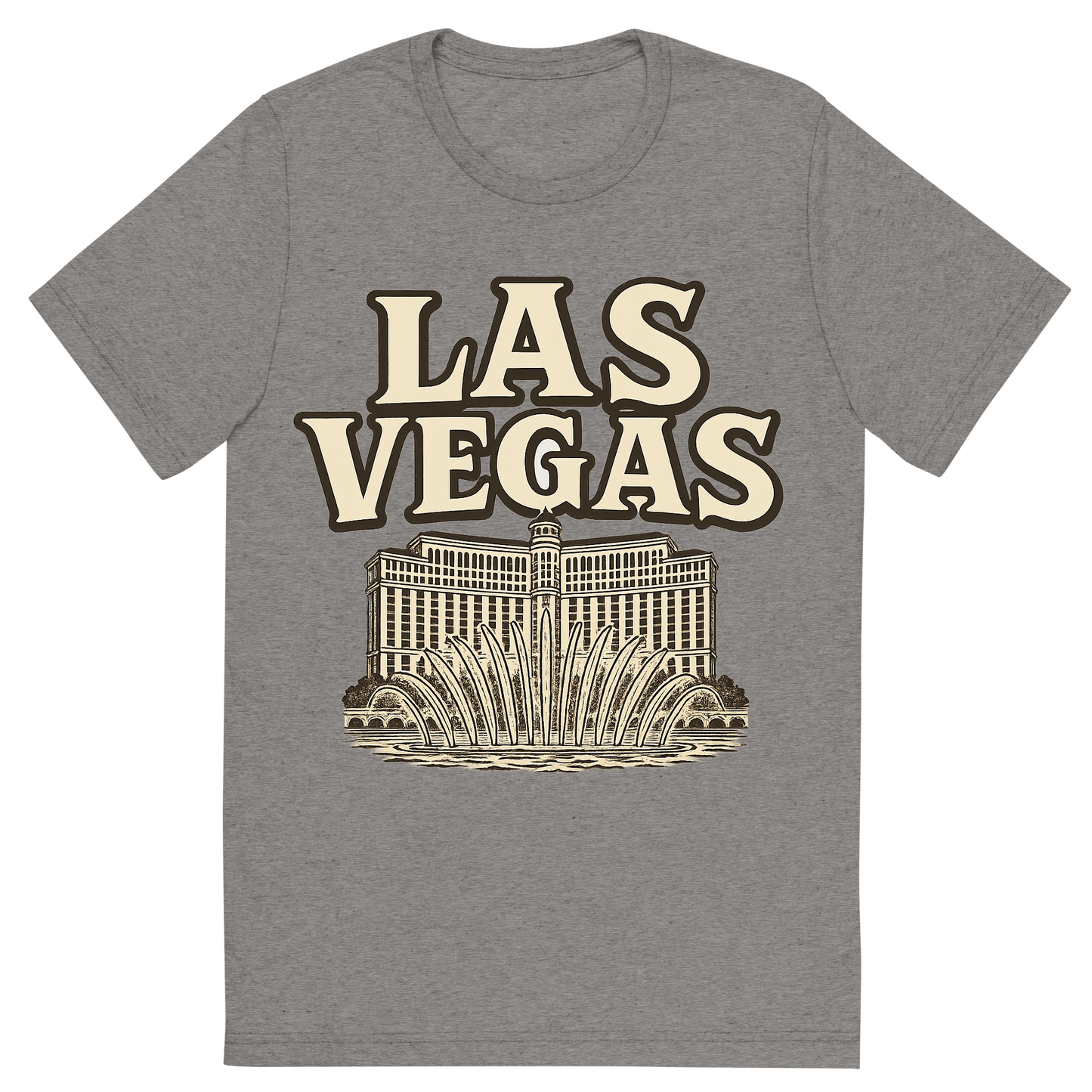 Front view of a Premium Tri-Blend Crew Neck T-Shirt in Grey showing 'A typographic, nostalgic graphic of a typographic illustration of the words 'las vegas' with a vintage line art drawing of the bellagio fountains'