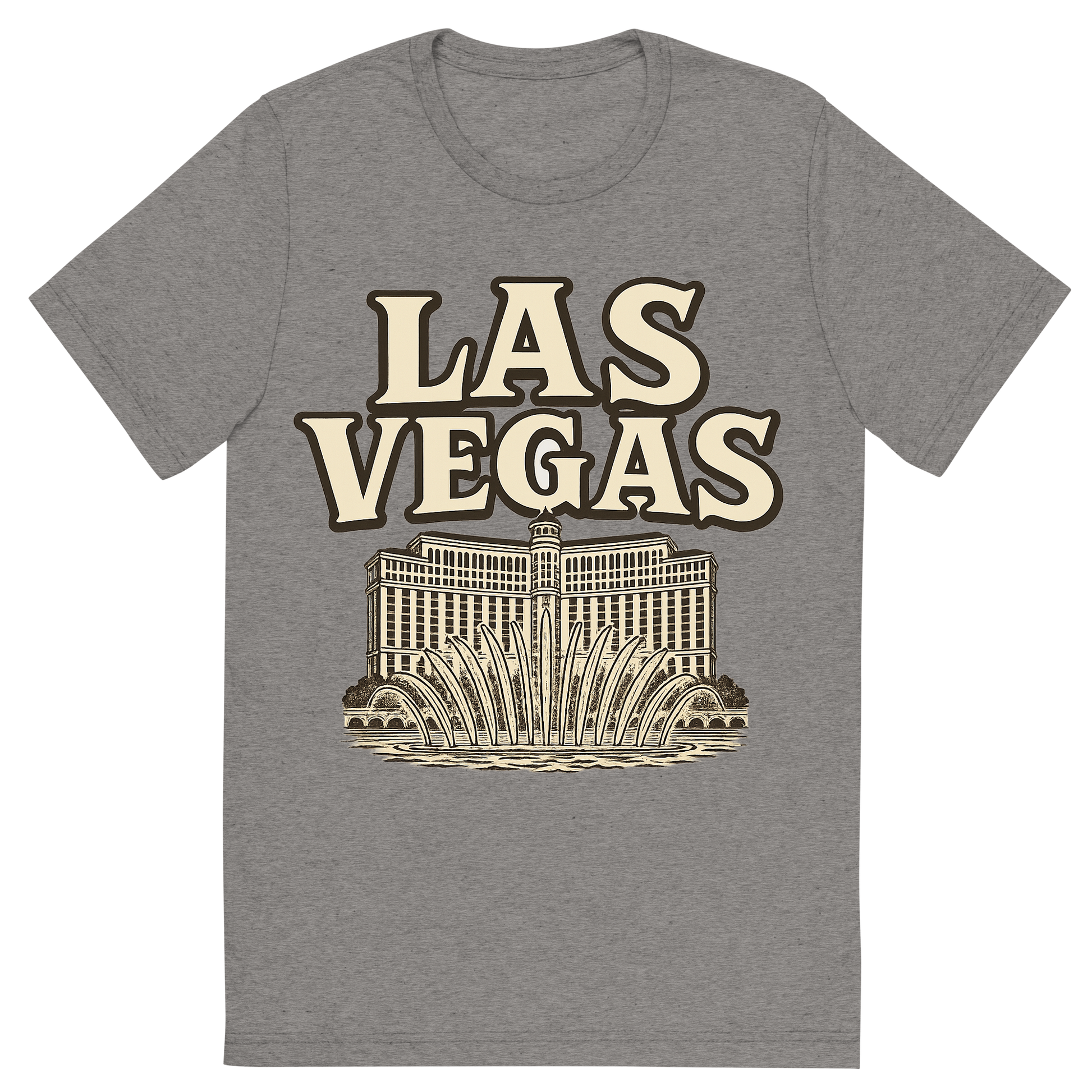 Front view of a Premium Tri-Blend Crew Neck T-Shirt in Grey showing 'A typographic, nostalgic graphic of a typographic illustration of the words 'las vegas' with a vintage line art drawing of the bellagio fountains'