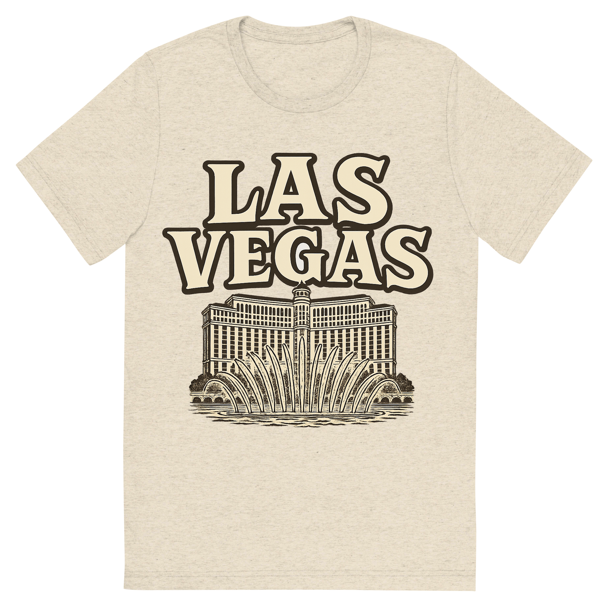 Front view of a Premium Tri-Blend Crew Neck T-Shirt in Oatmeal showing 'A typographic, nostalgic graphic of a typographic illustration of the words 'las vegas' with a vintage line art drawing of the bellagio fountains'