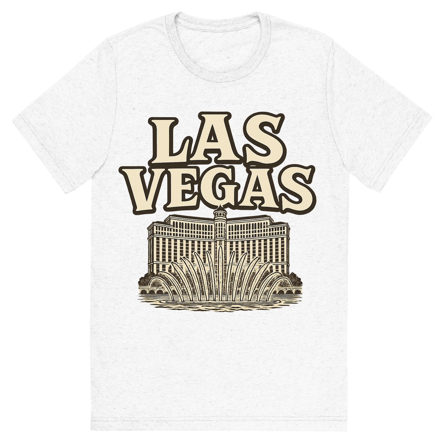 Front view of a Premium Tri-Blend Crew Neck T-Shirt in Solid White showing 'A typographic, nostalgic graphic of a typographic illustration of the words 'las vegas' with a vintage line art drawing of the bellagio fountains'