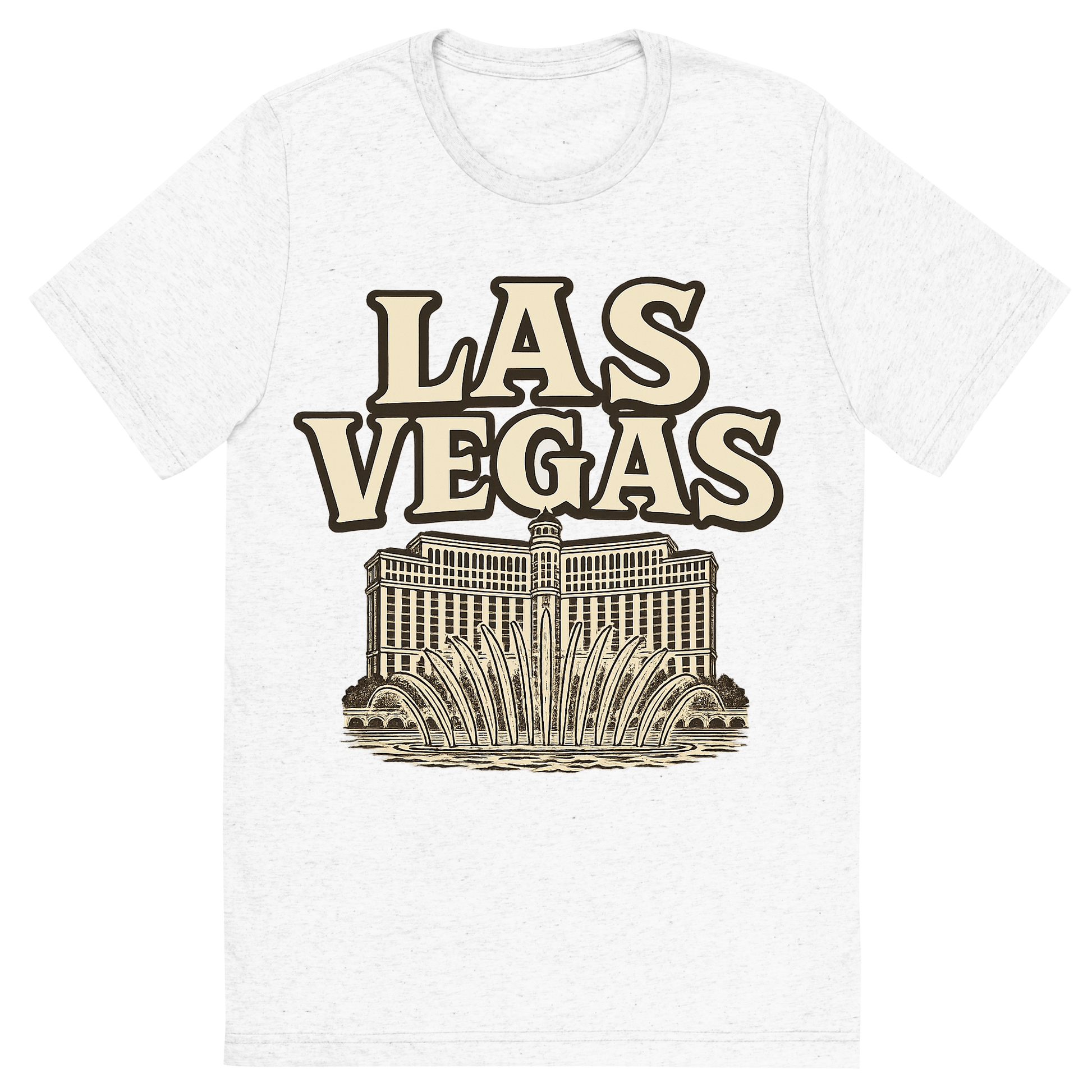 Front view of a Premium Tri-Blend Crew Neck T-Shirt in Solid White showing 'A typographic, nostalgic graphic of a typographic illustration of the words 'las vegas' with a vintage line art drawing of the bellagio fountains'