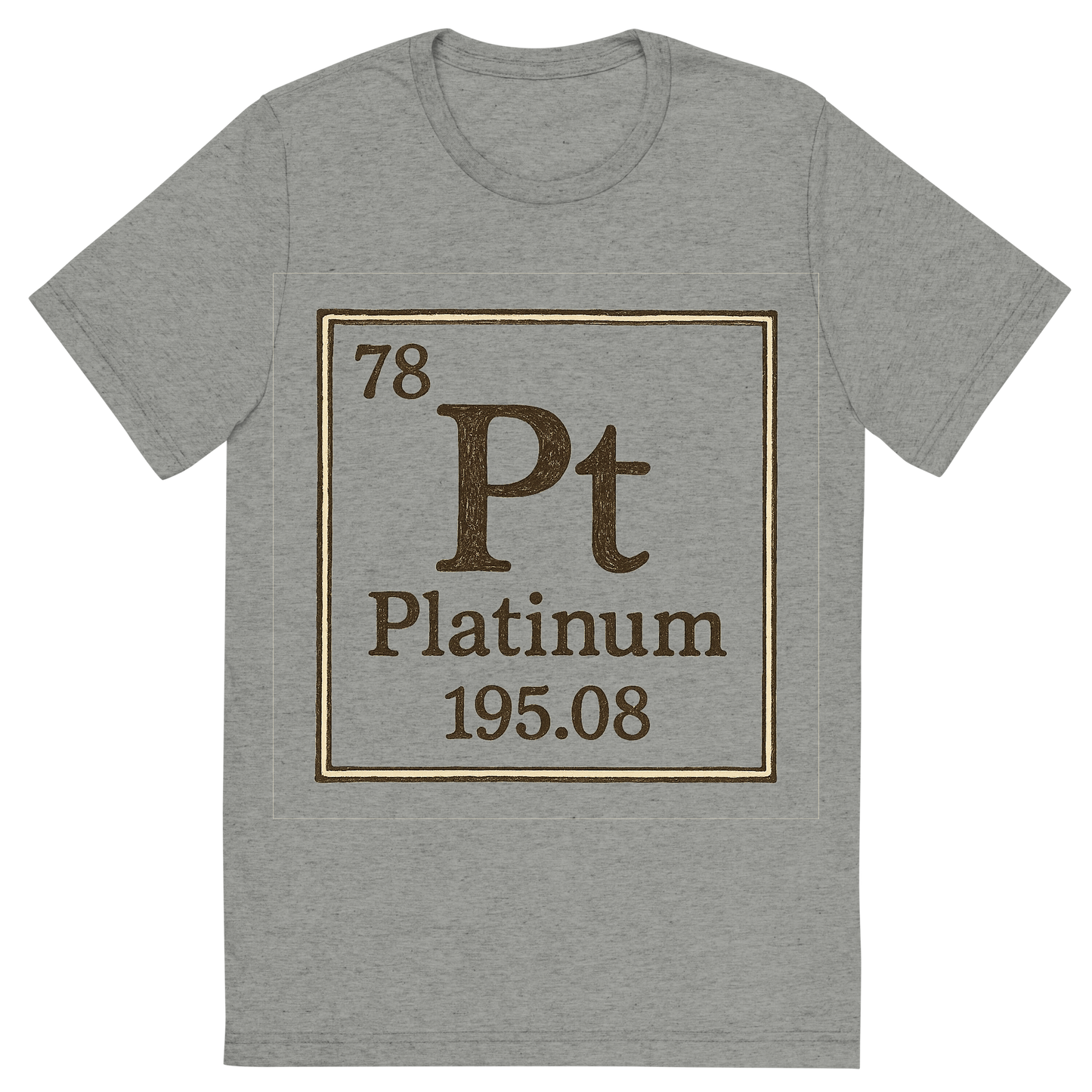 Front view of a Premium Tri-Blend Crew Neck T-Shirt in Athletic Grey showing 'A line art, nostalgic graphic of platinum's entry on the periodic table, use a dark color for the lines and text'