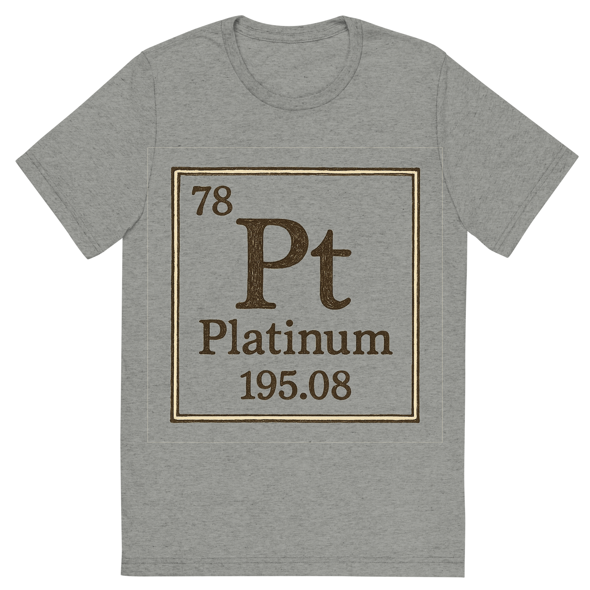 Front view of a Premium Tri-Blend Crew Neck T-Shirt in Athletic Grey showing 'A line art, nostalgic graphic of platinum's entry on the periodic table, use a dark color for the lines and text'