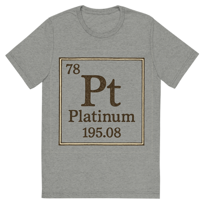 Front view of a Premium Tri-Blend Crew Neck T-Shirt in Athletic Grey showing 'A line art, nostalgic graphic of platinum's entry on the periodic table, use a dark color for the lines and text'