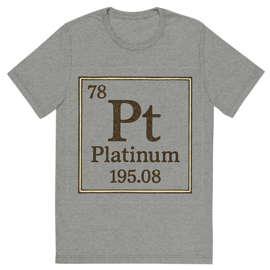 Front view of a Premium Tri-Blend Crew Neck T-Shirt in Athletic Grey showing 'A line art, nostalgic graphic of platinum's entry on the periodic table, use a dark color for the lines and text'