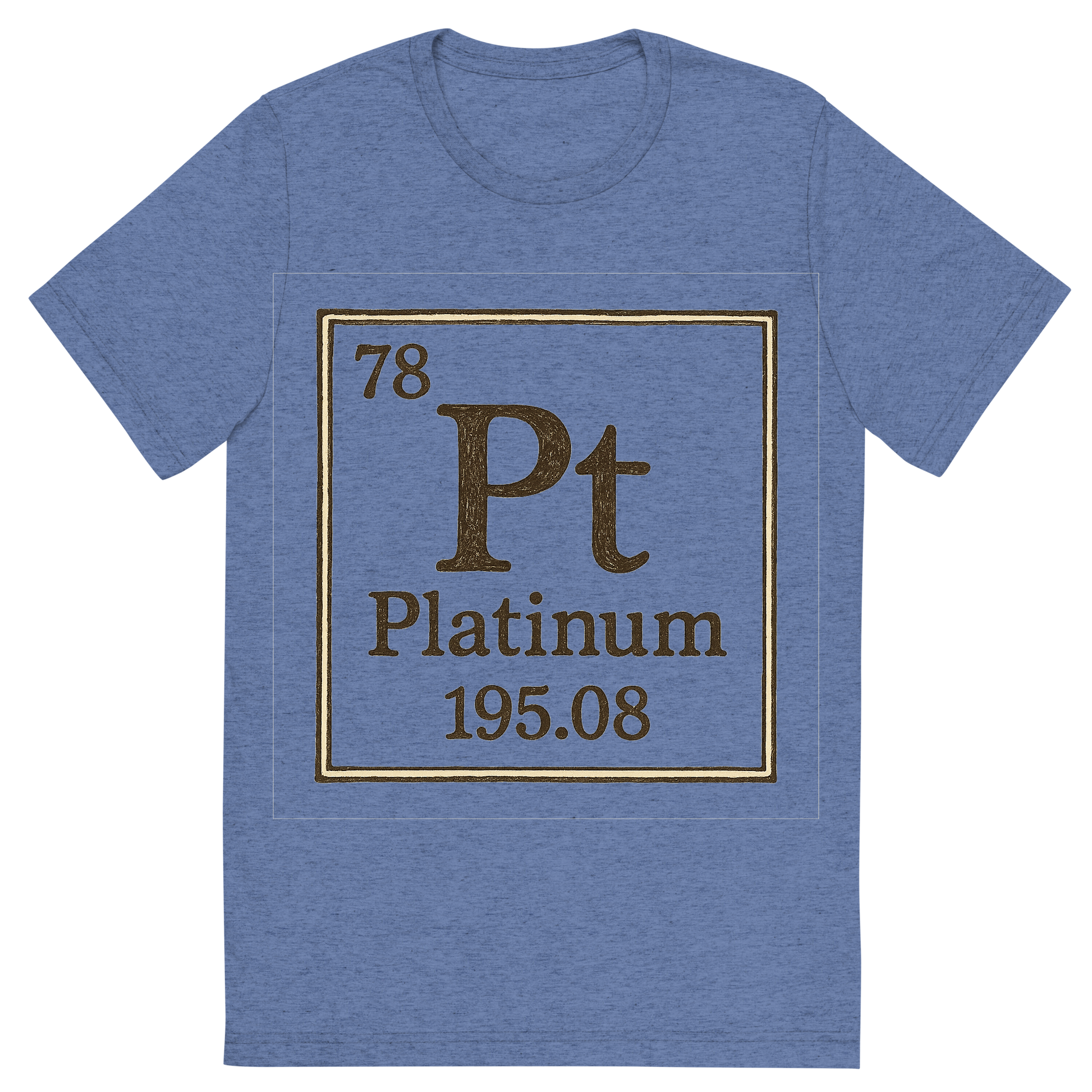 Front view of a Premium Tri-Blend Crew Neck T-Shirt in Blue showing 'A line art, nostalgic graphic of platinum's entry on the periodic table, use a dark color for the lines and text'