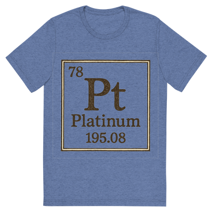 Front view of a Premium Tri-Blend Crew Neck T-Shirt in Blue showing 'A line art, nostalgic graphic of platinum's entry on the periodic table, use a dark color for the lines and text'