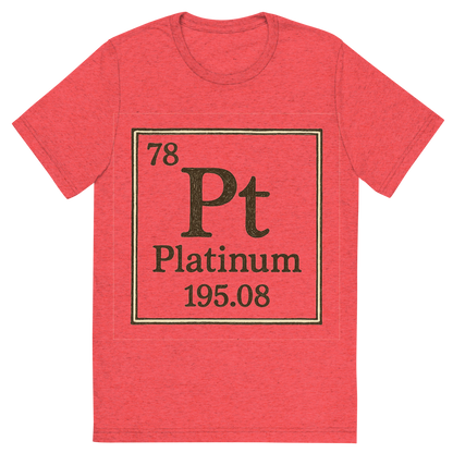 Front view of a Premium Tri-Blend Crew Neck T-Shirt in Red showing 'A line art, nostalgic graphic of platinum's entry on the periodic table, use a dark color for the lines and text'