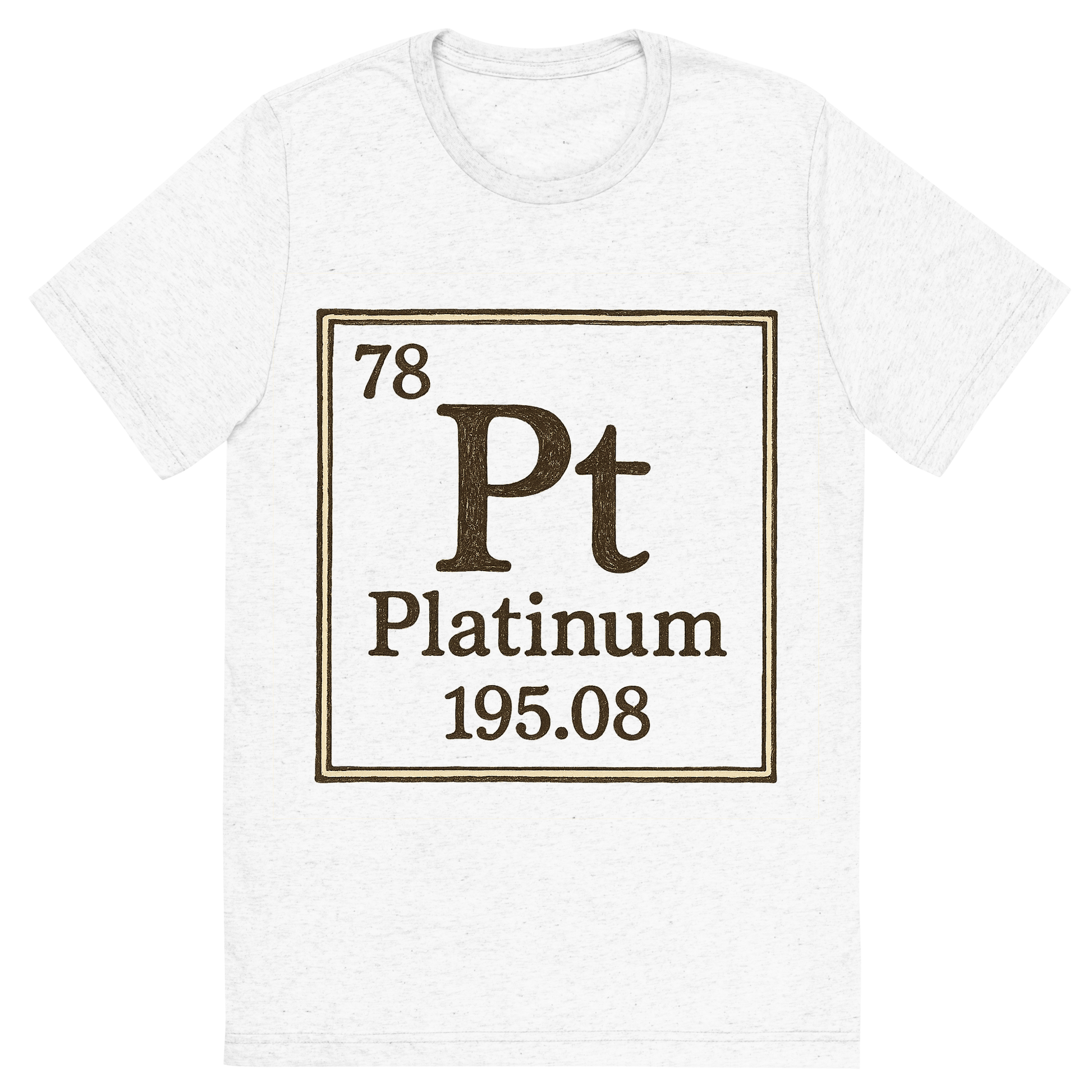 Front view of a Premium Tri-Blend Crew Neck T-Shirt in Solid White showing 'A line art, nostalgic graphic of platinum's entry on the periodic table, use a dark color for the lines and text'