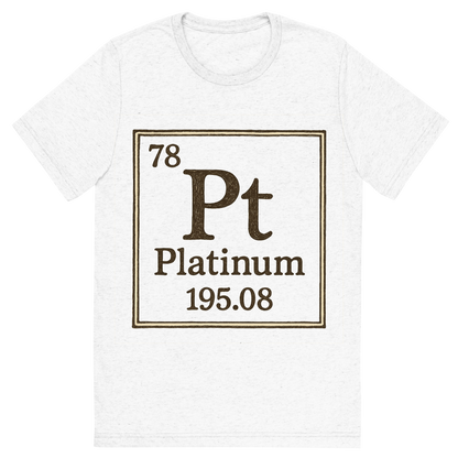 Front view of a Premium Tri-Blend Crew Neck T-Shirt in Solid White showing 'A line art, nostalgic graphic of platinum's entry on the periodic table, use a dark color for the lines and text'