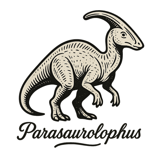 A flat, neutral graphic of a stylized illustration of a parasaurolophus with its curved head crest. “parasaurolophus” appears below in script. ink illustration on a white background. - a t-shirt design